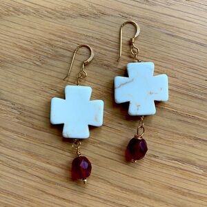 Stone and Red Gem Cross Earrings